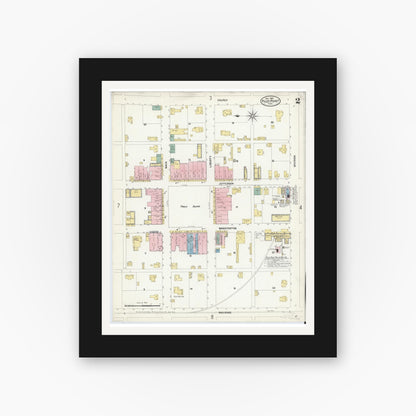 Old map wall art mockup — black gallery frame with white mat — Sanborn Fire Insurance Map from Pilot Point, Denton County, Texas (1907), Sheet #0002