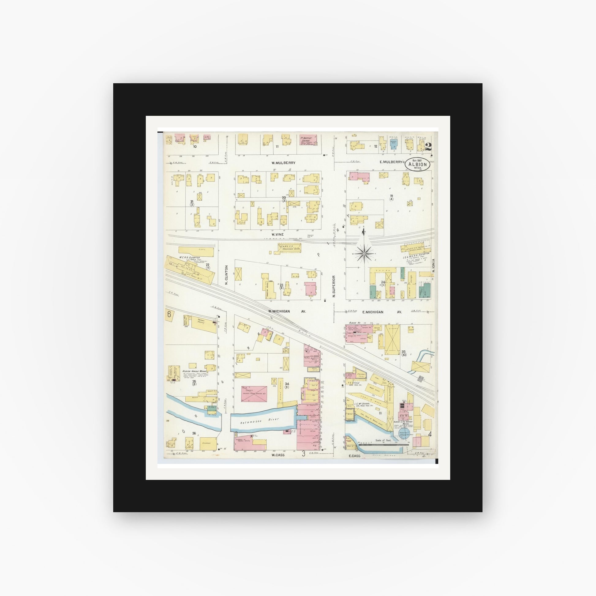 Old map wall art mockup — black gallery frame with white mat — Sanborn Fire Insurance Map from Albion, Calhoun County, Michigan (1907), Sheet #0002