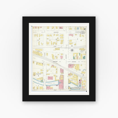 Old map wall art mockup — black gallery frame with white mat — Sanborn Fire Insurance Map from Albion, Calhoun County, Michigan (1907), Sheet #0002