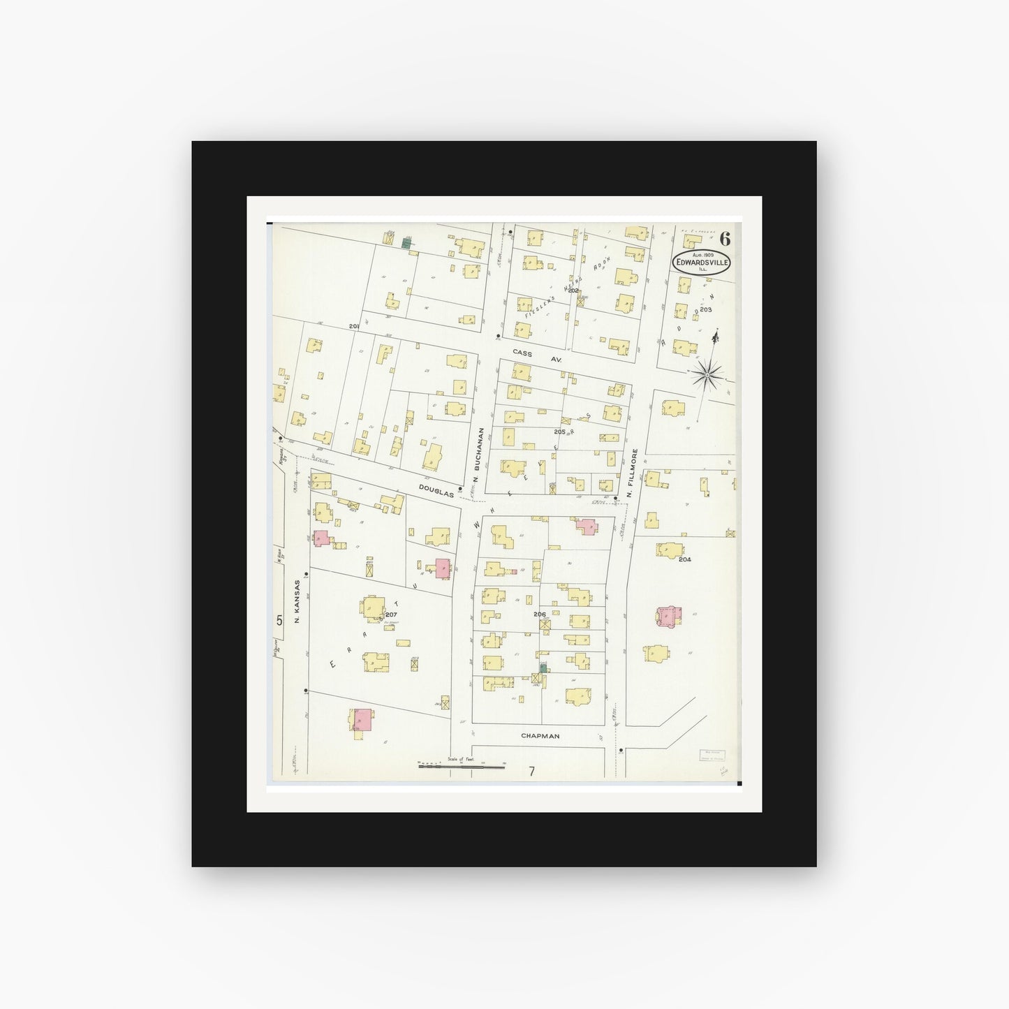 Old map wall art mockup — black gallery frame with white mat — Sanborn Fire Insurance Map from Edwardsville, Madison County, Illinois (1909), Sheet #0006