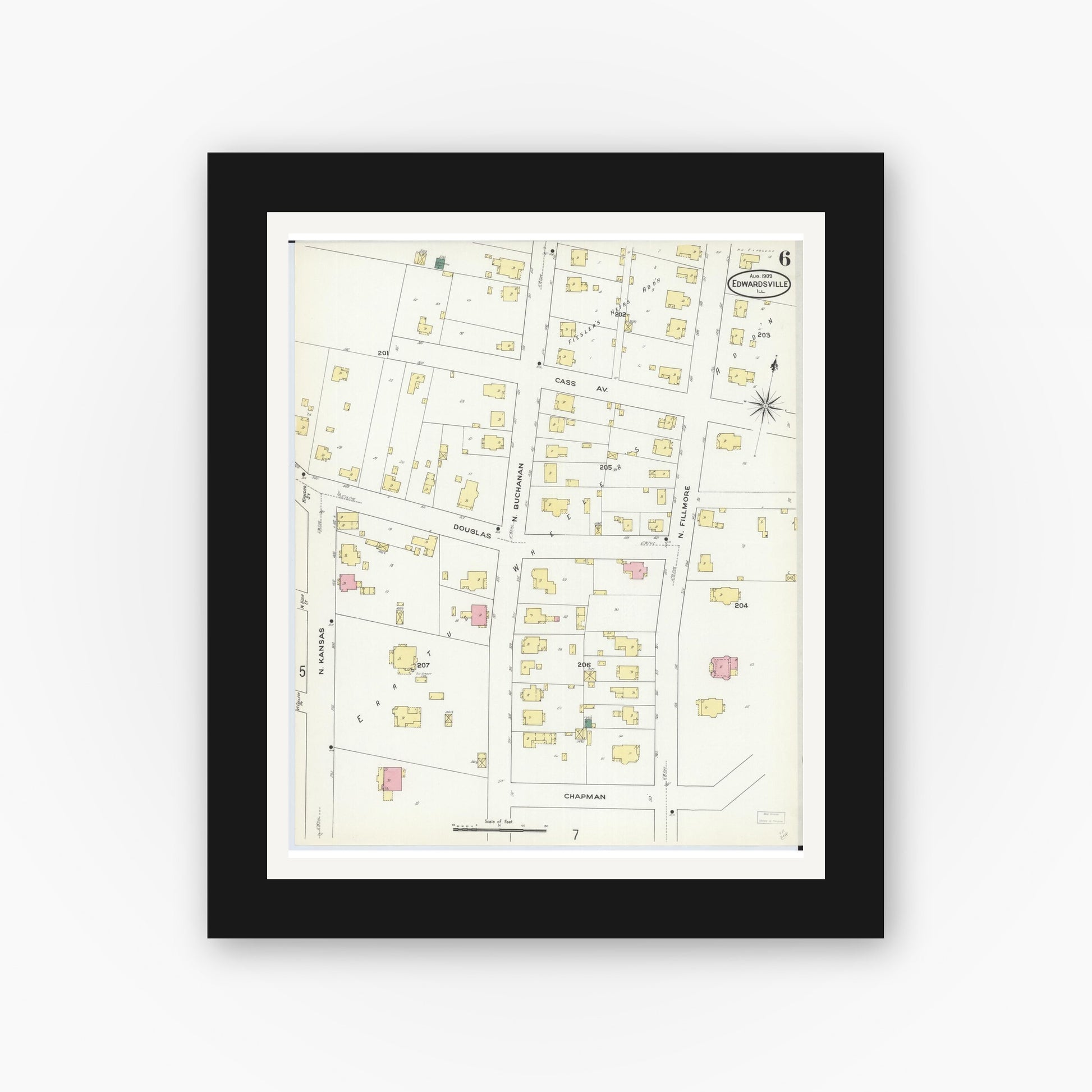 Old map wall art mockup — black gallery frame with white mat — Sanborn Fire Insurance Map from Edwardsville, Madison County, Illinois (1909), Sheet #0006