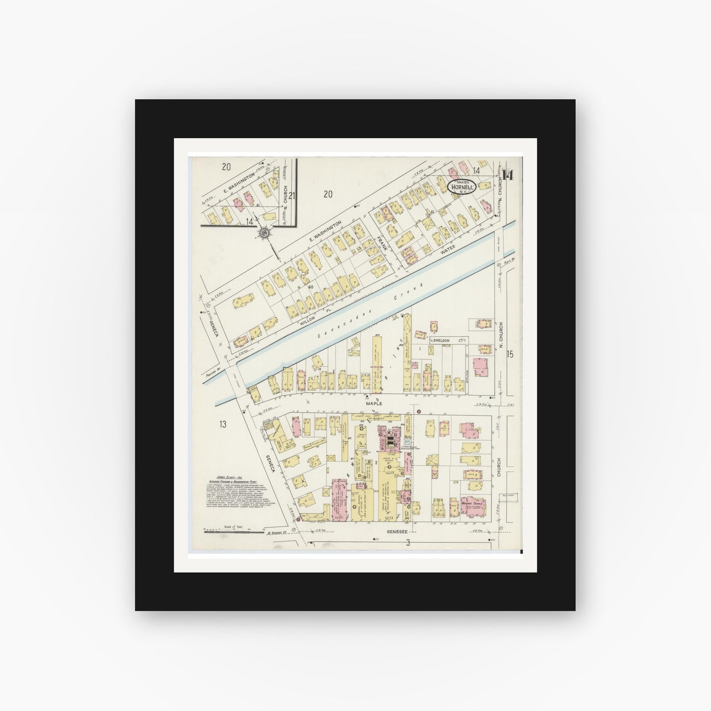 Old map wall art mockup — black gallery frame with white mat — Sanborn Fire Insurance Map from Hornell, Steuben County, New York (1915), Sheet #0014
