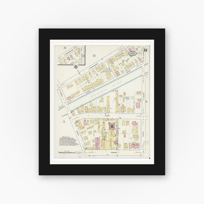 Old map wall art mockup — black gallery frame with white mat — Sanborn Fire Insurance Map from Hornell, Steuben County, New York (1915), Sheet #0014