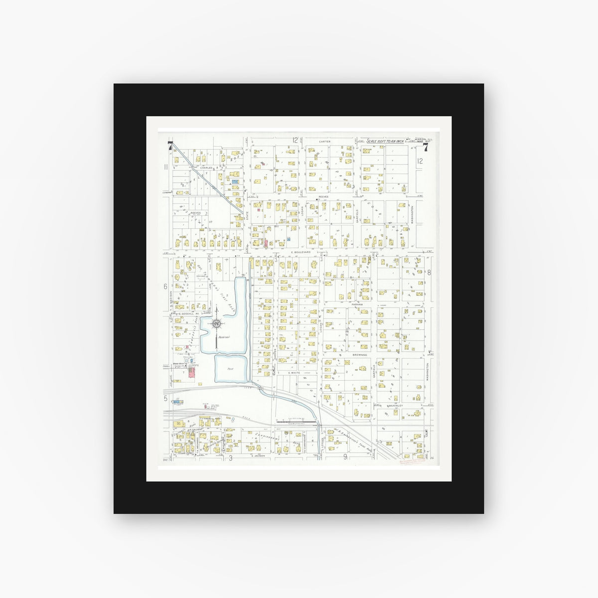 Old map wall art mockup — black gallery frame with white mat — Sanborn Fire Insurance Map from Marion, Williamson County, Illinois (1937), Sheet #0007