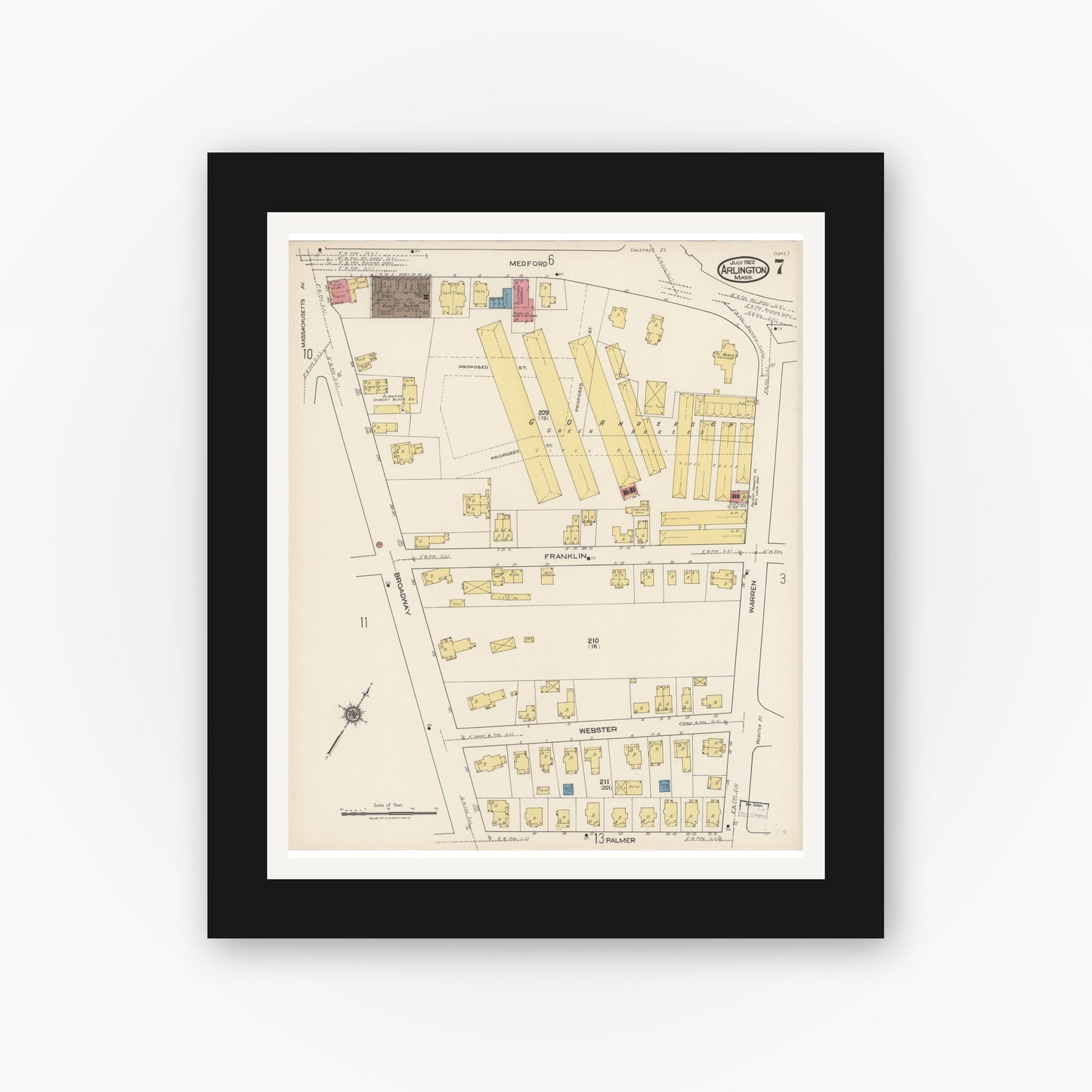 Old map wall art mockup — black gallery frame with white mat — Sanborn Fire Insurance Map from Arlington, Middlesex County, Massachusetts (1922), Sheet #0007