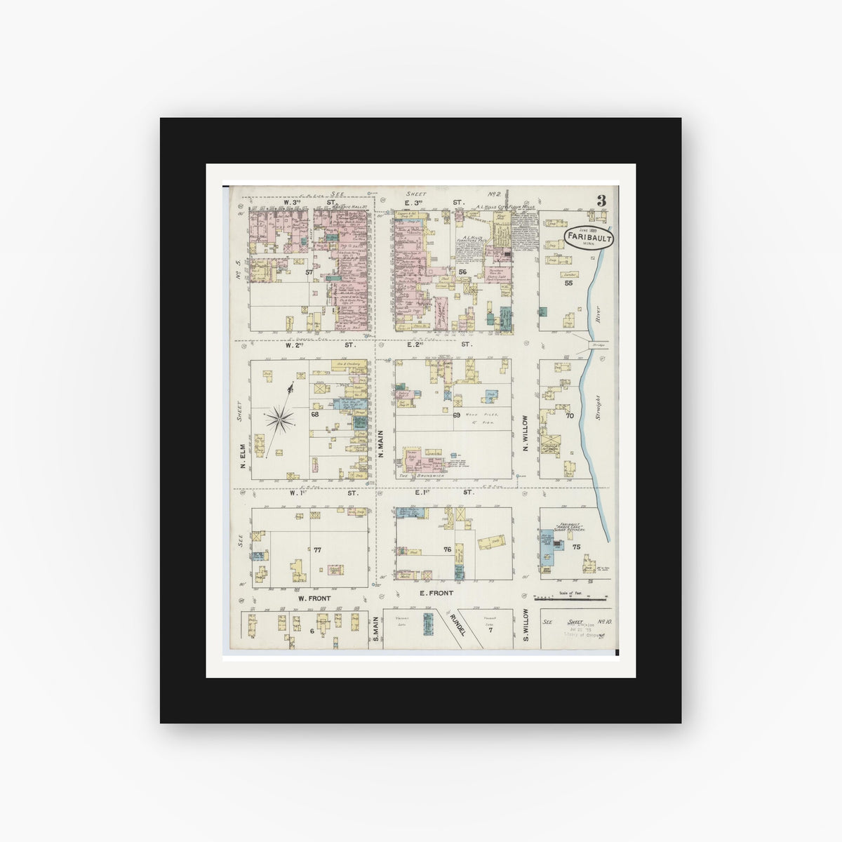 Old map wall art mockup — black gallery frame with white mat — Sanborn Fire Insurance Map from Faribault, Rice County, Minnesota (1889), Sheet #0003