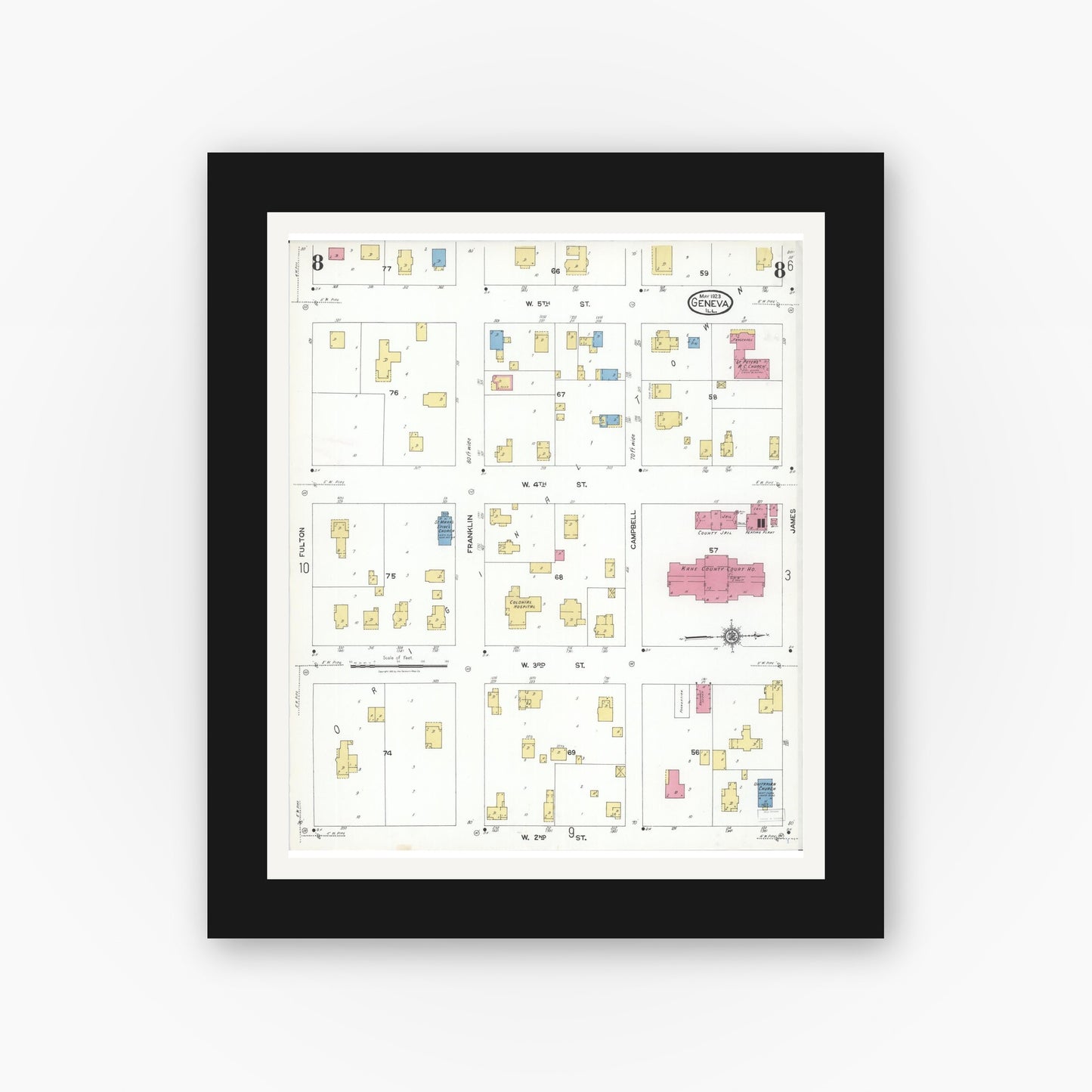 Old map wall art mockup — black gallery frame with white mat — Sanborn Fire Insurance Map from Geneva, Kane County, Illinois (1923), Sheet #0008