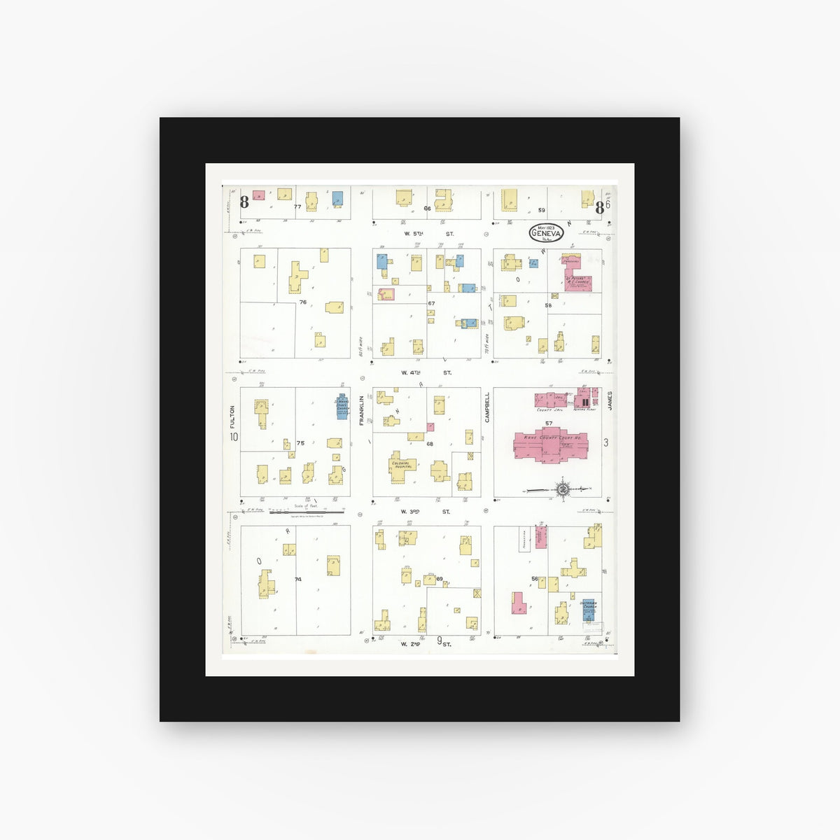 Old map wall art mockup — black gallery frame with white mat — Sanborn Fire Insurance Map from Geneva, Kane County, Illinois (1923), Sheet #0008