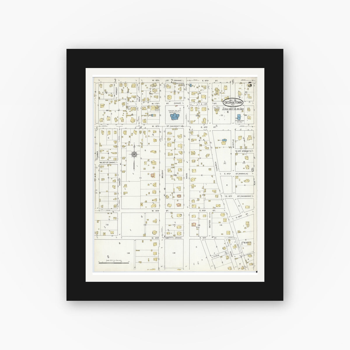 Old map wall art mockup — black gallery frame with white mat — Sanborn Fire Insurance Map from Georgetown, Williamson County, Texas (1916), Sheet #0005