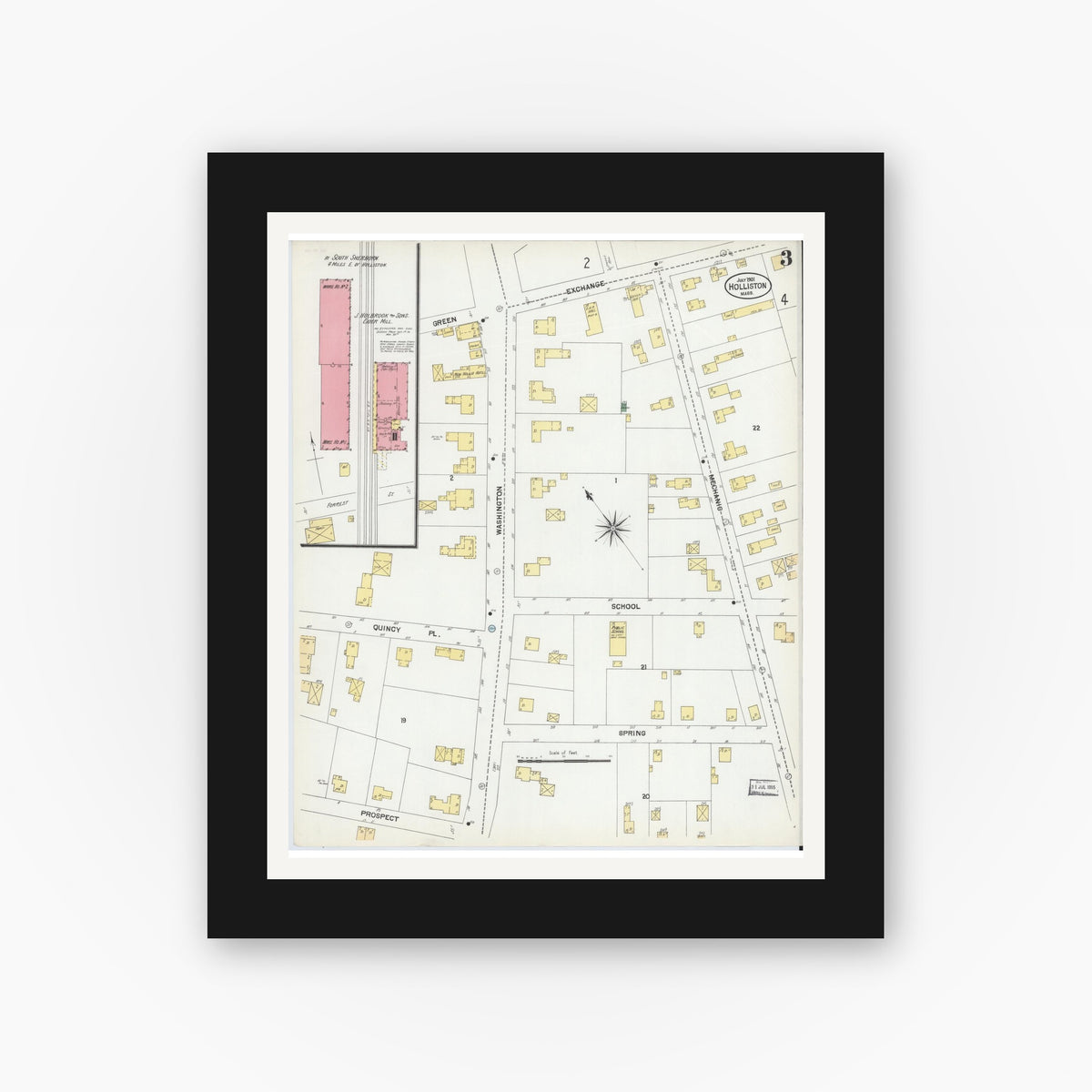 Old map wall art mockup — black gallery frame with white mat — Sanborn Fire Insurance Map from Holliston, Middlesex County, Massachusetts (1901), Sheet #0003