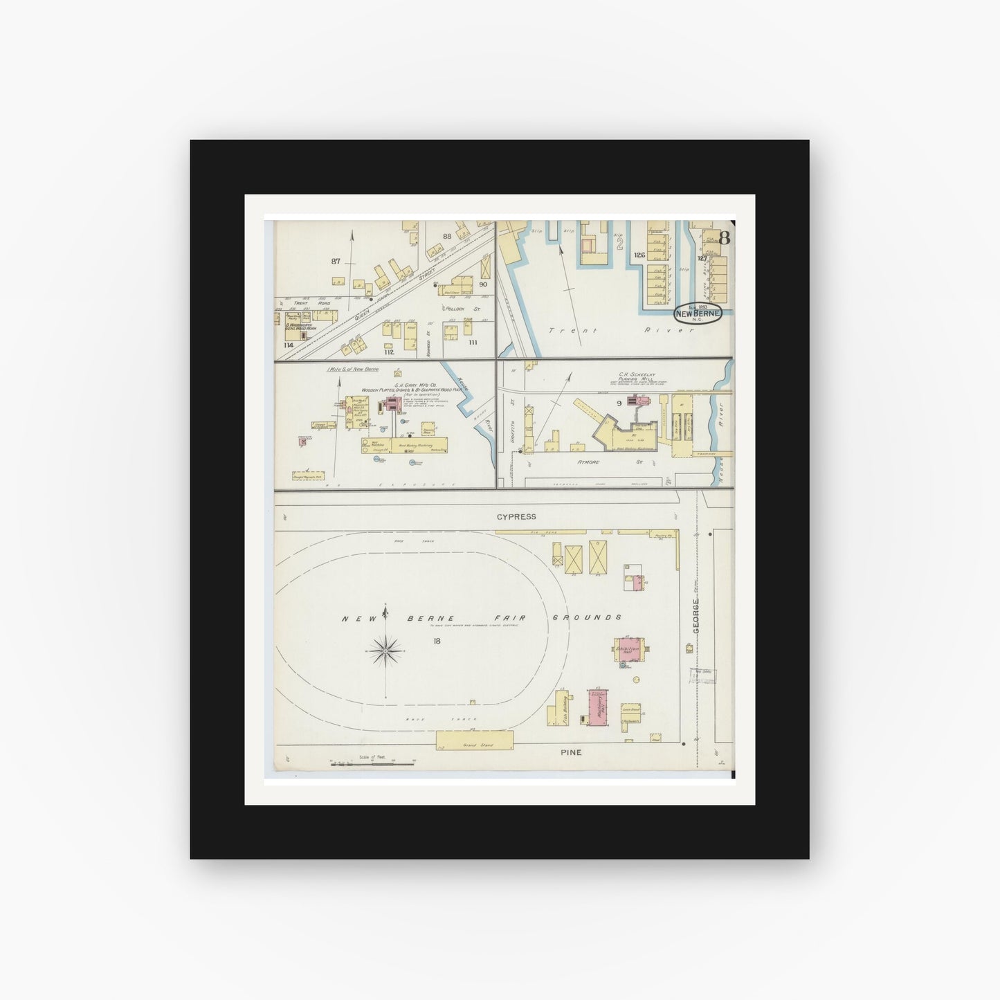 Old map wall art mockup — black gallery frame with white mat — Sanborn Fire Insurance Map from New Bern, Craven County, North Carolina (1893), Sheet #0008