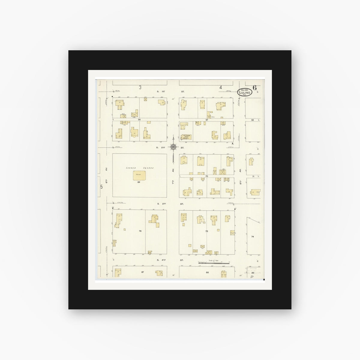 Old map wall art mockup — black gallery frame with white mat — Sanborn Fire Insurance Map from Luling, Caldwell County, Texas (1912), Sheet #0006