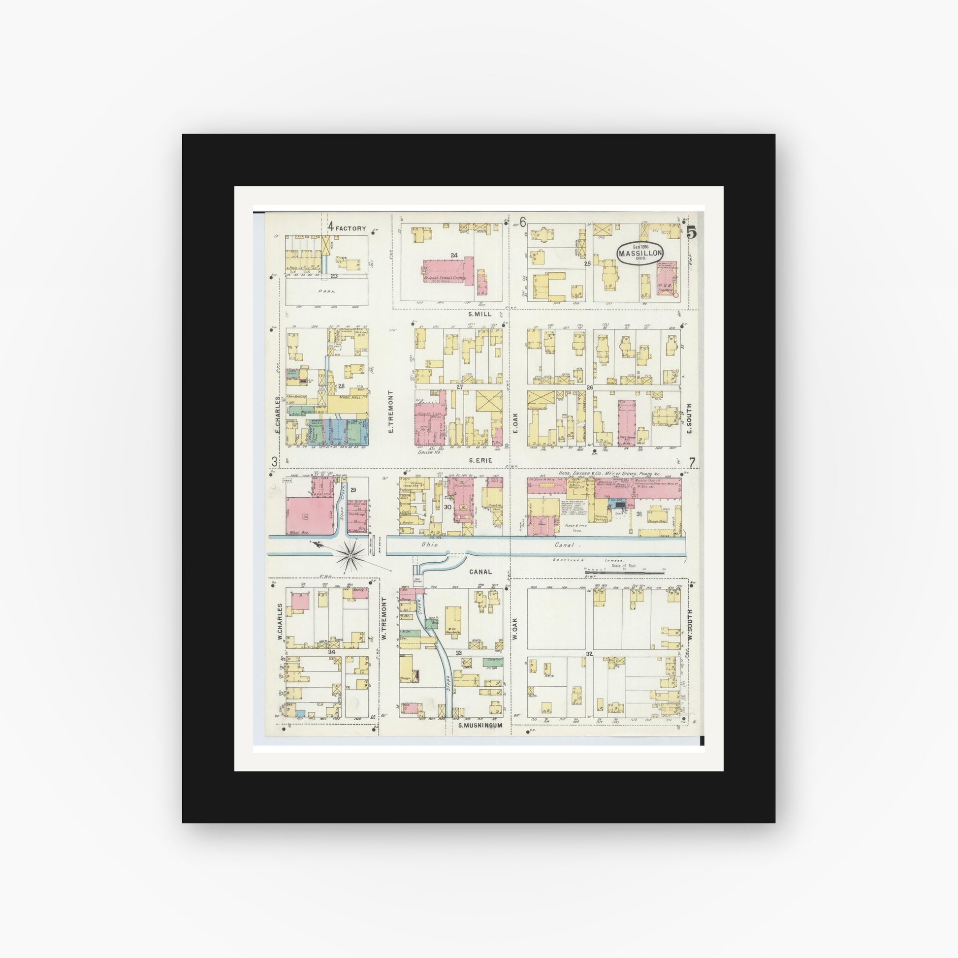 Old map wall art mockup — black gallery frame with white mat — Sanborn Fire Insurance Map from Massillon, Stark County, Ohio (1896), Sheet #0005