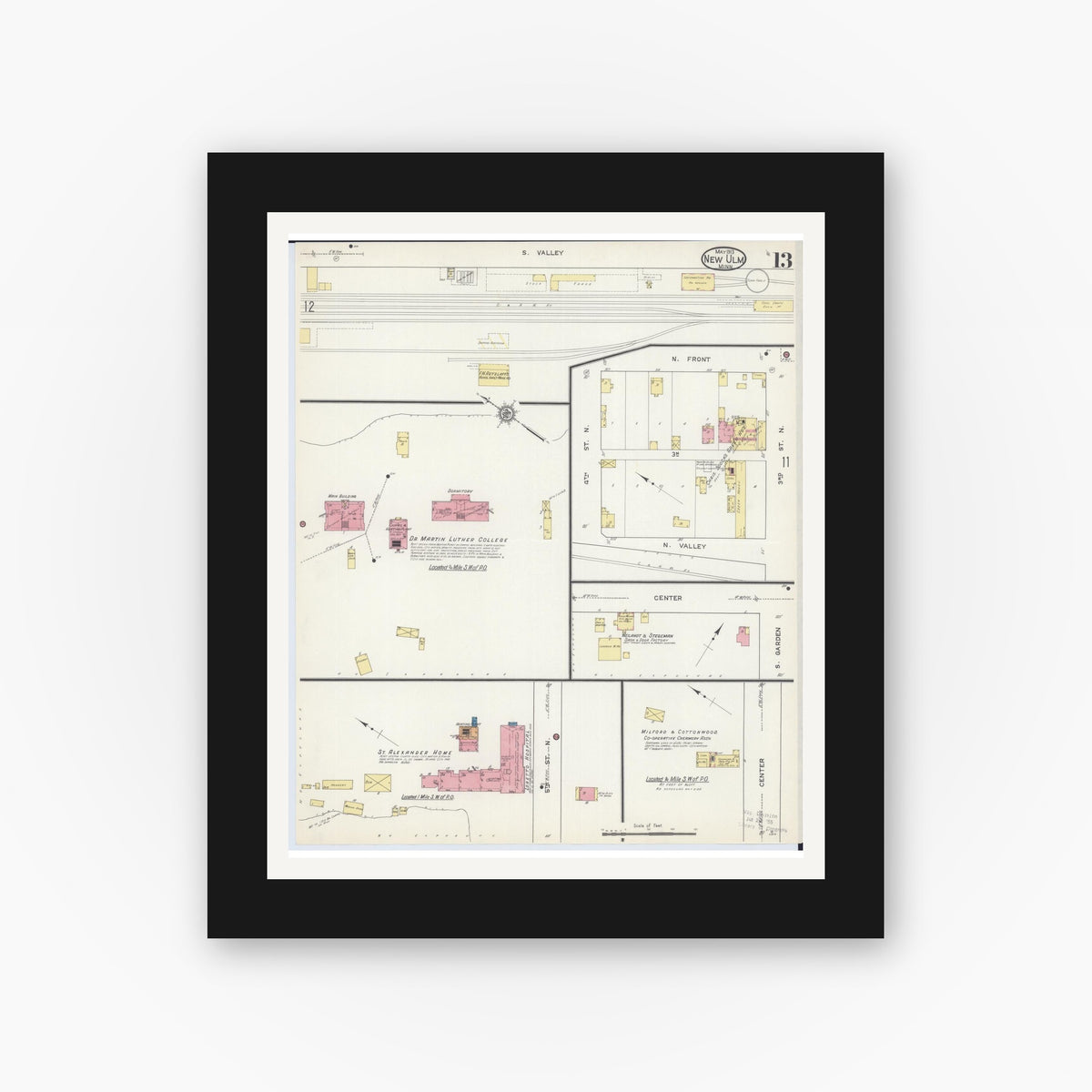 Old map wall art mockup — black gallery frame with white mat — Sanborn Fire Insurance Map from New Ulm, Brown County, Minnesota (1913), Sheet #0013