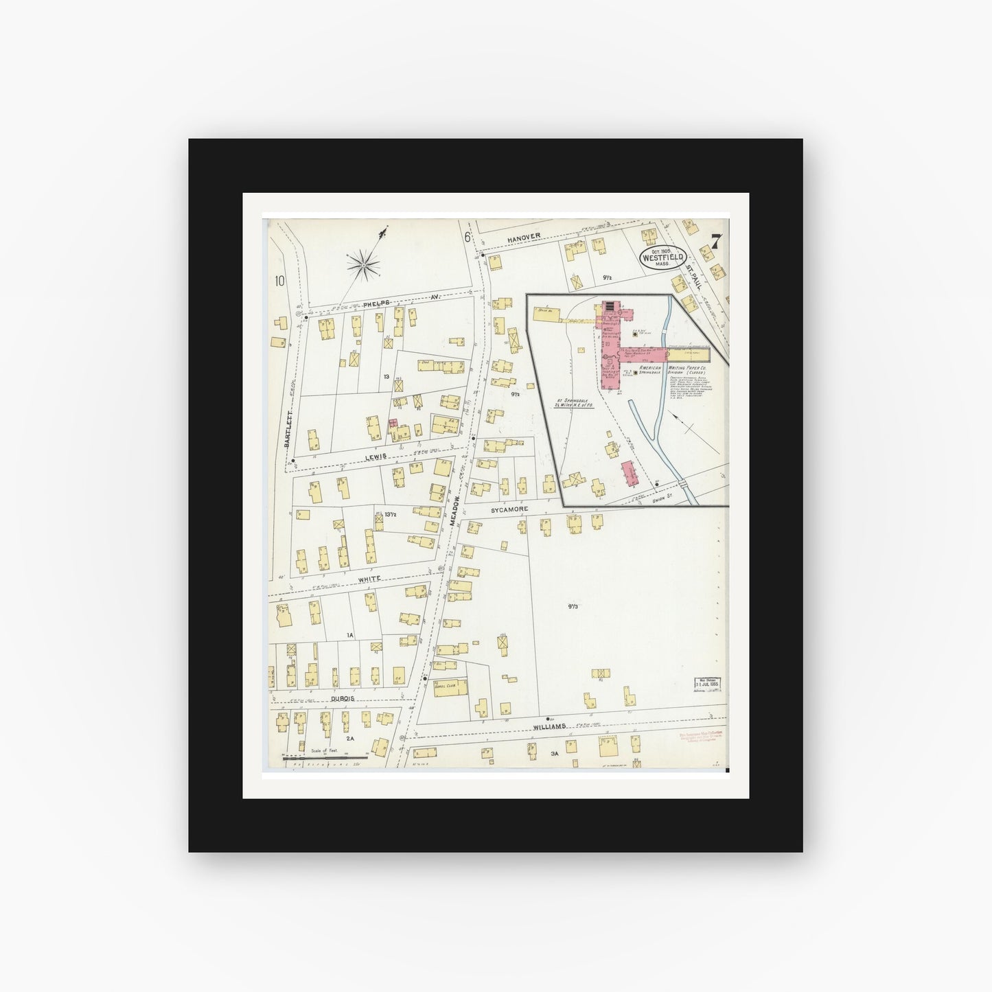 Old map wall art mockup — black gallery frame with white mat — Sanborn Fire Insurance Map from Westfield, Hampden County, Massachusetts (1905), Sheet #0007