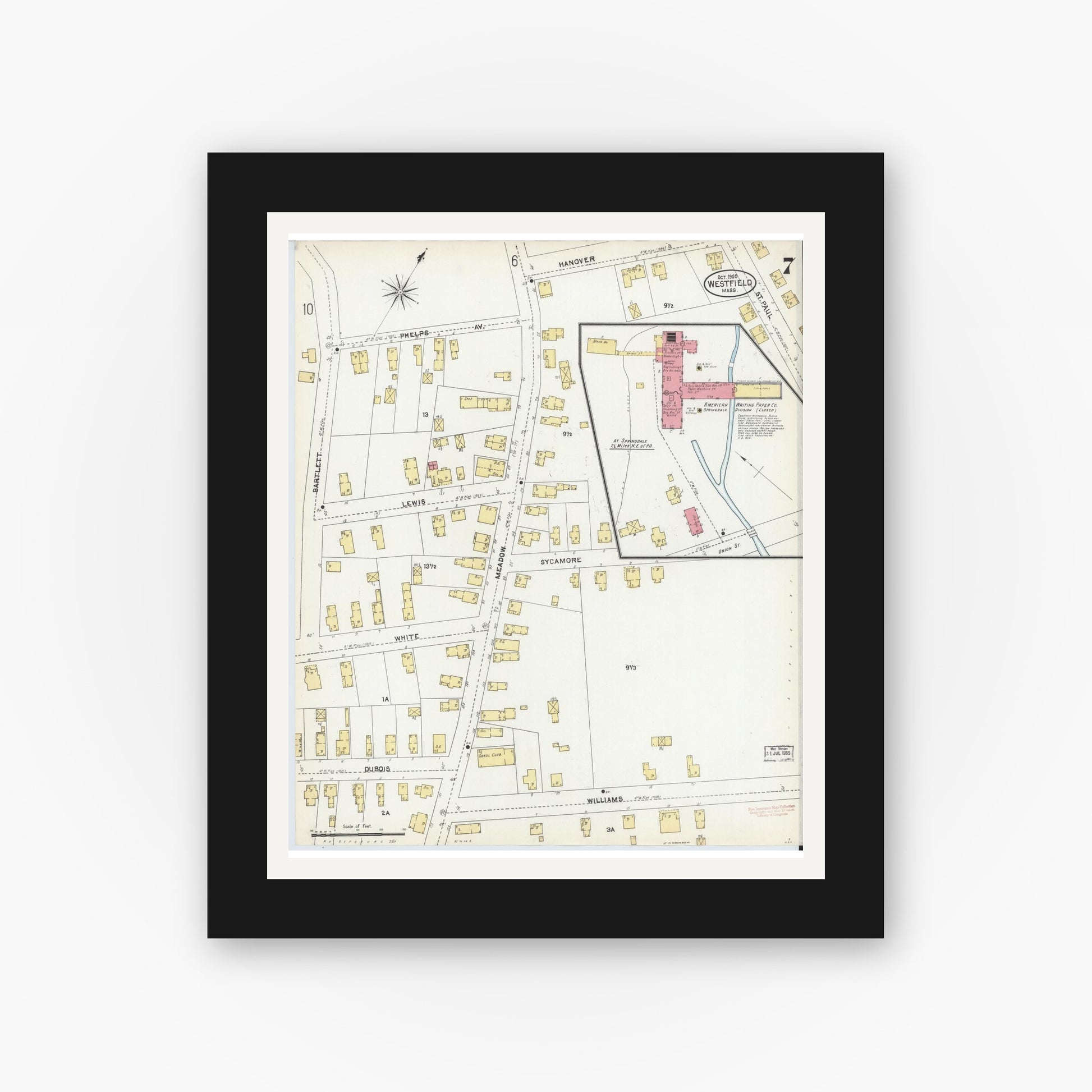 Old map wall art mockup — black gallery frame with white mat — Sanborn Fire Insurance Map from Westfield, Hampden County, Massachusetts (1905), Sheet #0007