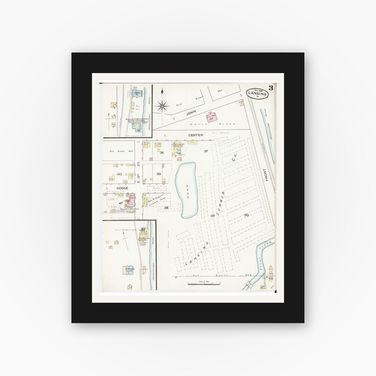 Old map wall art mockup — black gallery frame with white mat — Sanborn Fire Insurance Map from Lansing, Allamakee County, Iowa (1886), Sheet #0003
