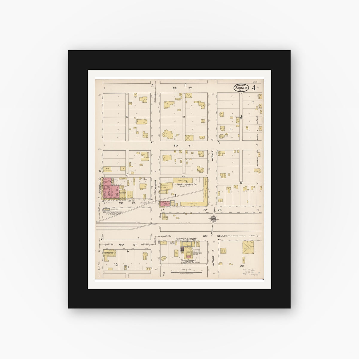Old map wall art mockup — black gallery frame with white mat — Sanborn Fire Insurance Map from Shiner, Lavaca County, Texas (1922), Sheet #0004