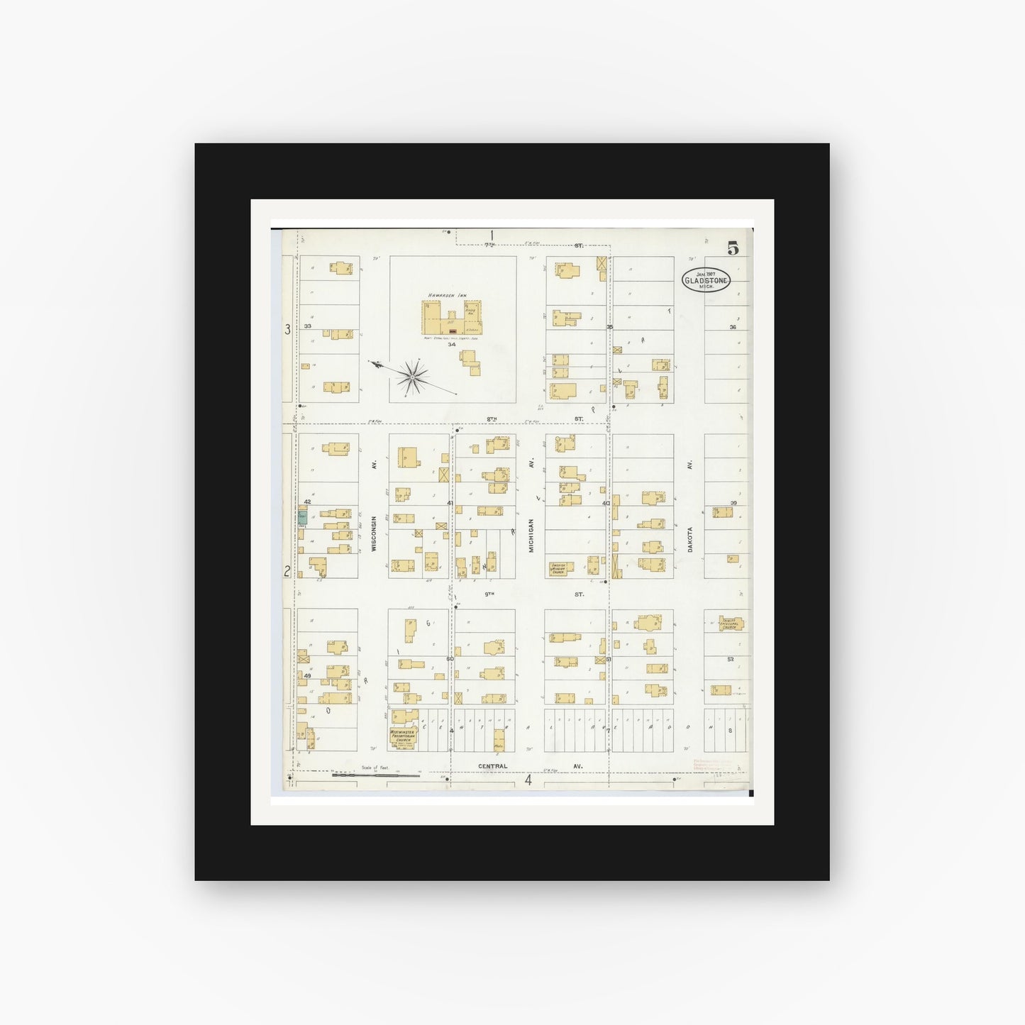 Old map wall art mockup — black gallery frame with white mat — Sanborn Fire Insurance Map from Gladstone, Delta County, Michigan (1907), Sheet #0005