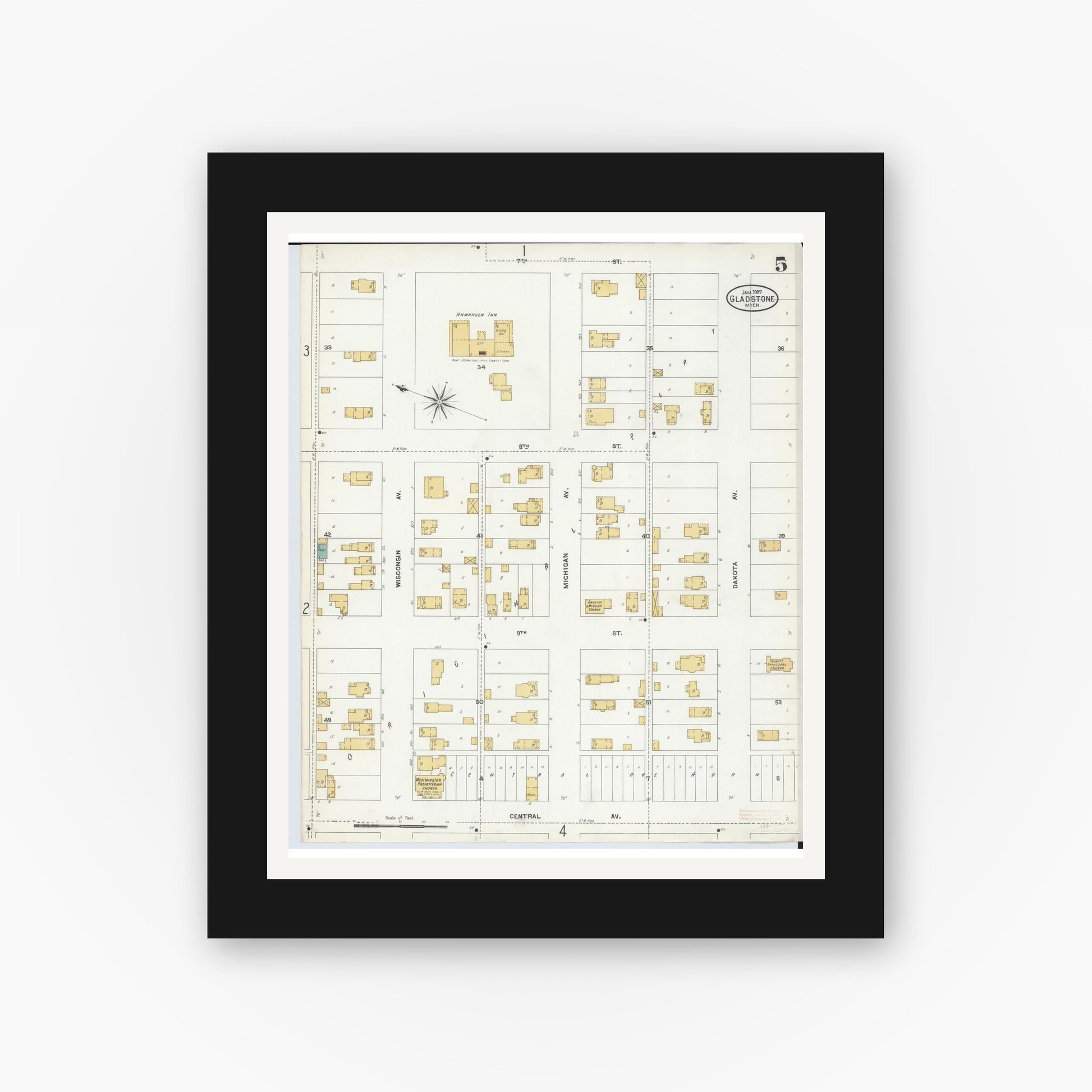 Old map wall art mockup — black gallery frame with white mat — Sanborn Fire Insurance Map from Gladstone, Delta County, Michigan (1907), Sheet #0005