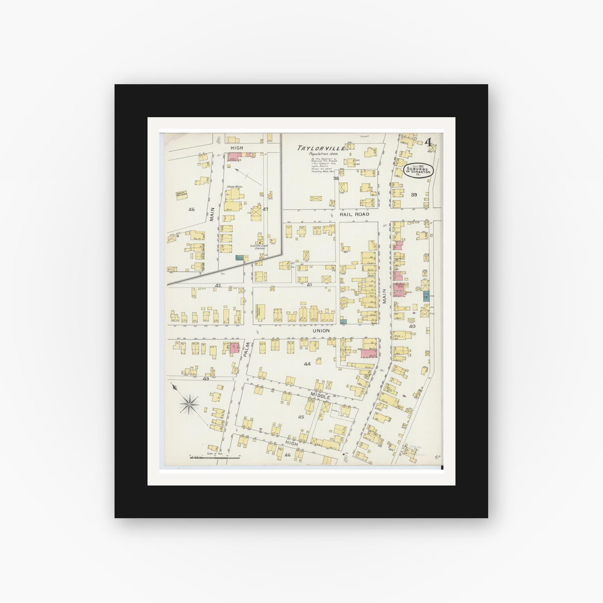 Old map wall art mockup — black gallery frame with white mat — Sanborn Fire Insurance Map from Scranton Suburbs, Lackawanna County, Pennsylvania (1893), Sheet #0004