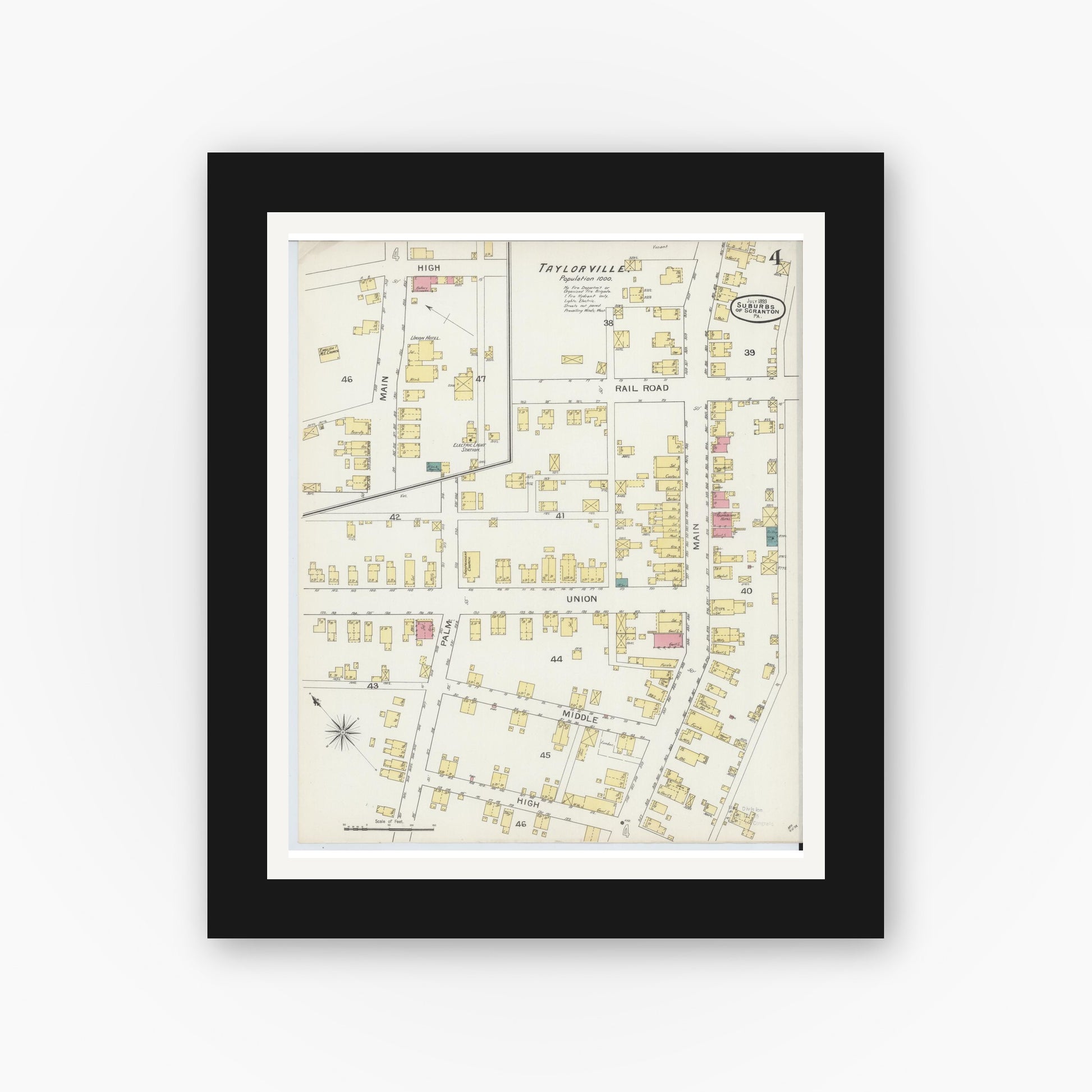 Old map wall art mockup — black gallery frame with white mat — Sanborn Fire Insurance Map from Scranton Suburbs, Lackawanna County, Pennsylvania (1893), Sheet #0004