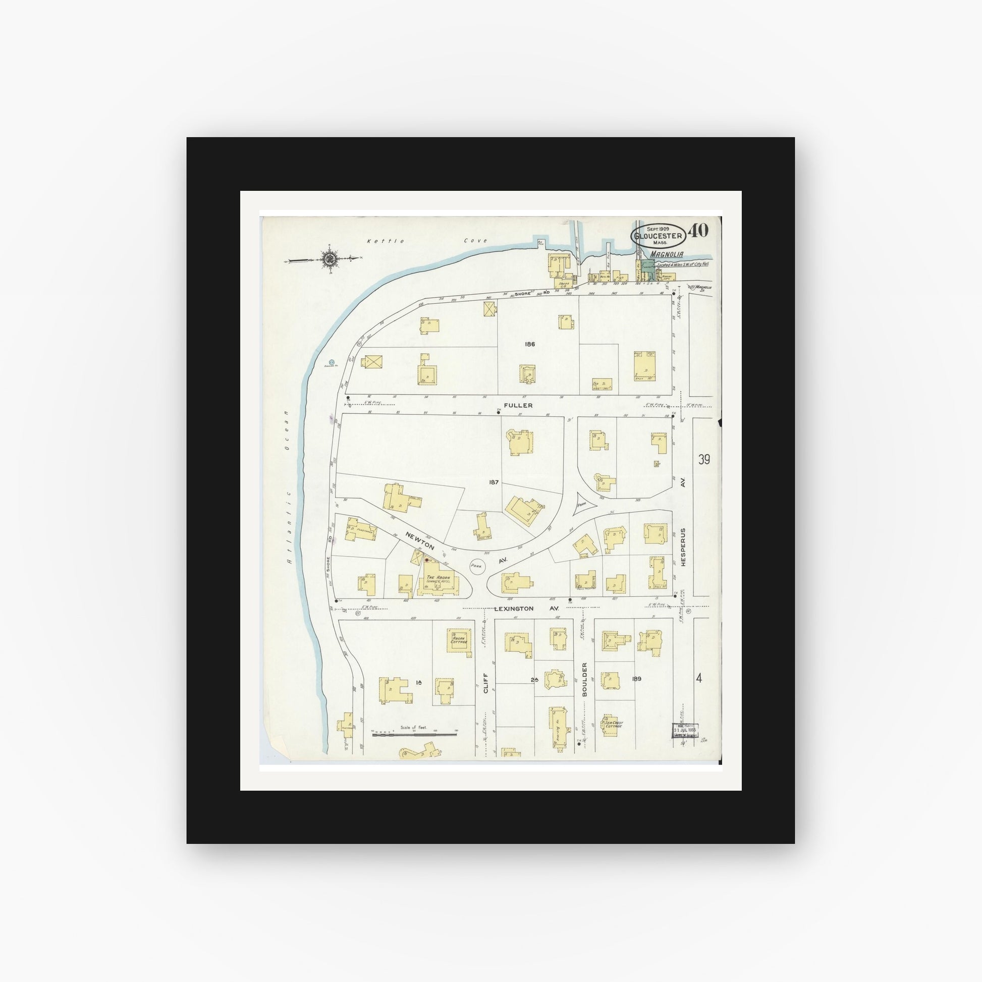 Old map wall art mockup — black gallery frame with white mat — Sanborn Fire Insurance Map from Gloucester, Essex County, Massachusetts (1909), Sheet #0040