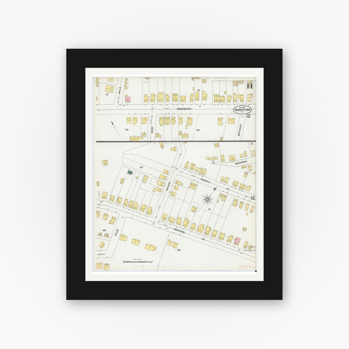 Old map wall art mockup — black gallery frame with white mat — Sanborn Fire Insurance Map from Morristown, Morris County, New Jersey (1901), Sheet #0011
