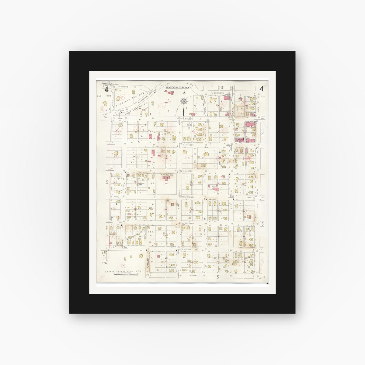 Old map wall art mockup — black gallery frame with white mat — Sanborn Fire Insurance Map from Petersburg, Menard County, Illinois (1943), Sheet #0004
