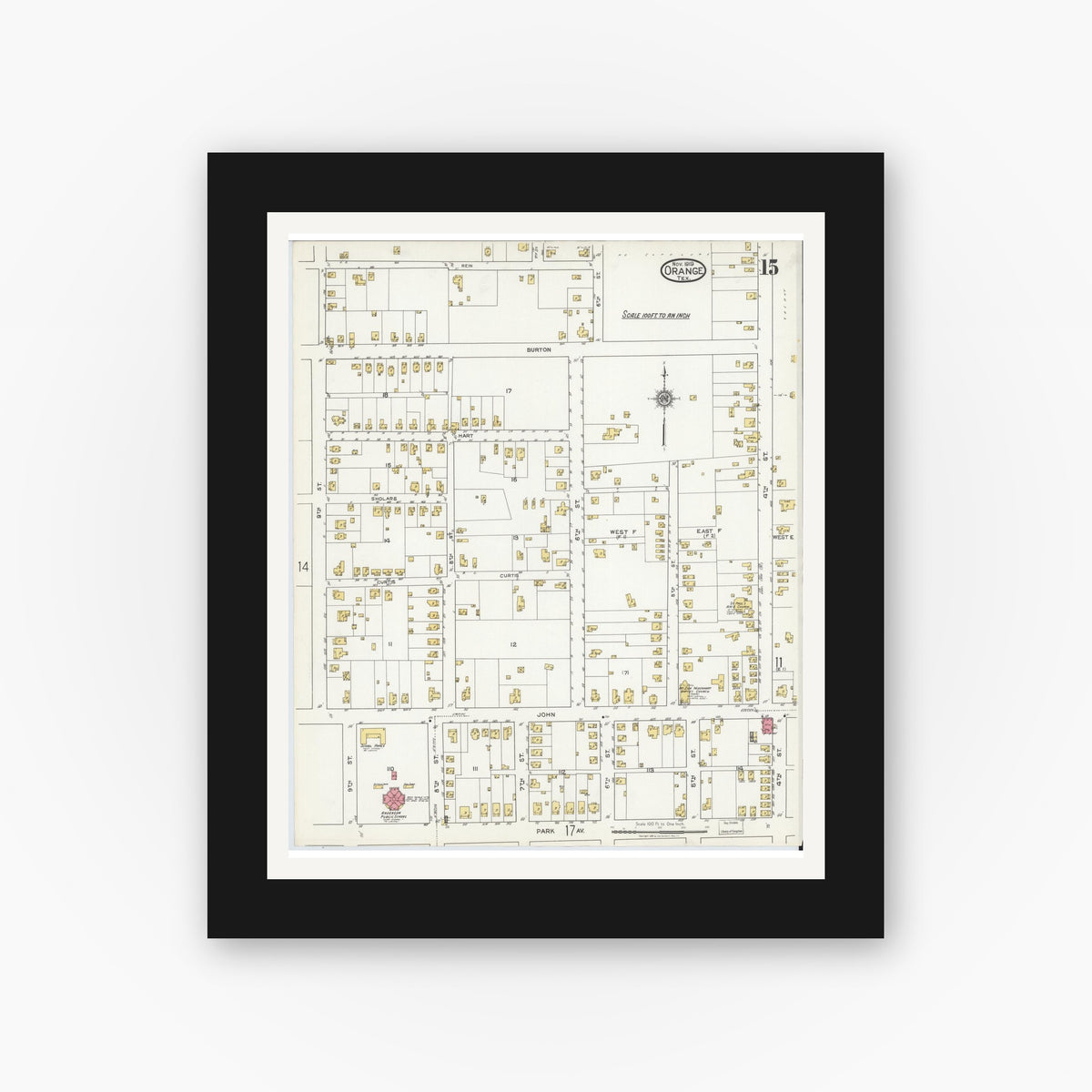 Old map wall art mockup — black gallery frame with white mat — Sanborn Fire Insurance Map from Orange, Orange County, Texas (1919), Sheet #0015