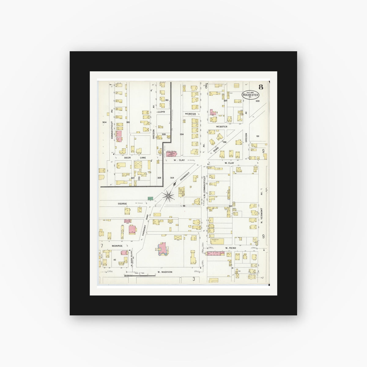 Old map wall art mockup — black gallery frame with white mat — Sanborn Fire Insurance Map from Rochester, Beaver County, Pennsylvania (1908), Sheet #0008