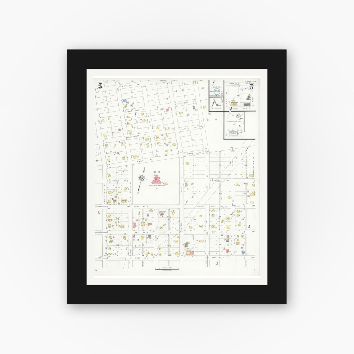 Old map wall art mockup — black gallery frame with white mat — Sanborn Fire Insurance Map from Alpine, Brewster County, Texas (1933), Sheet #0005