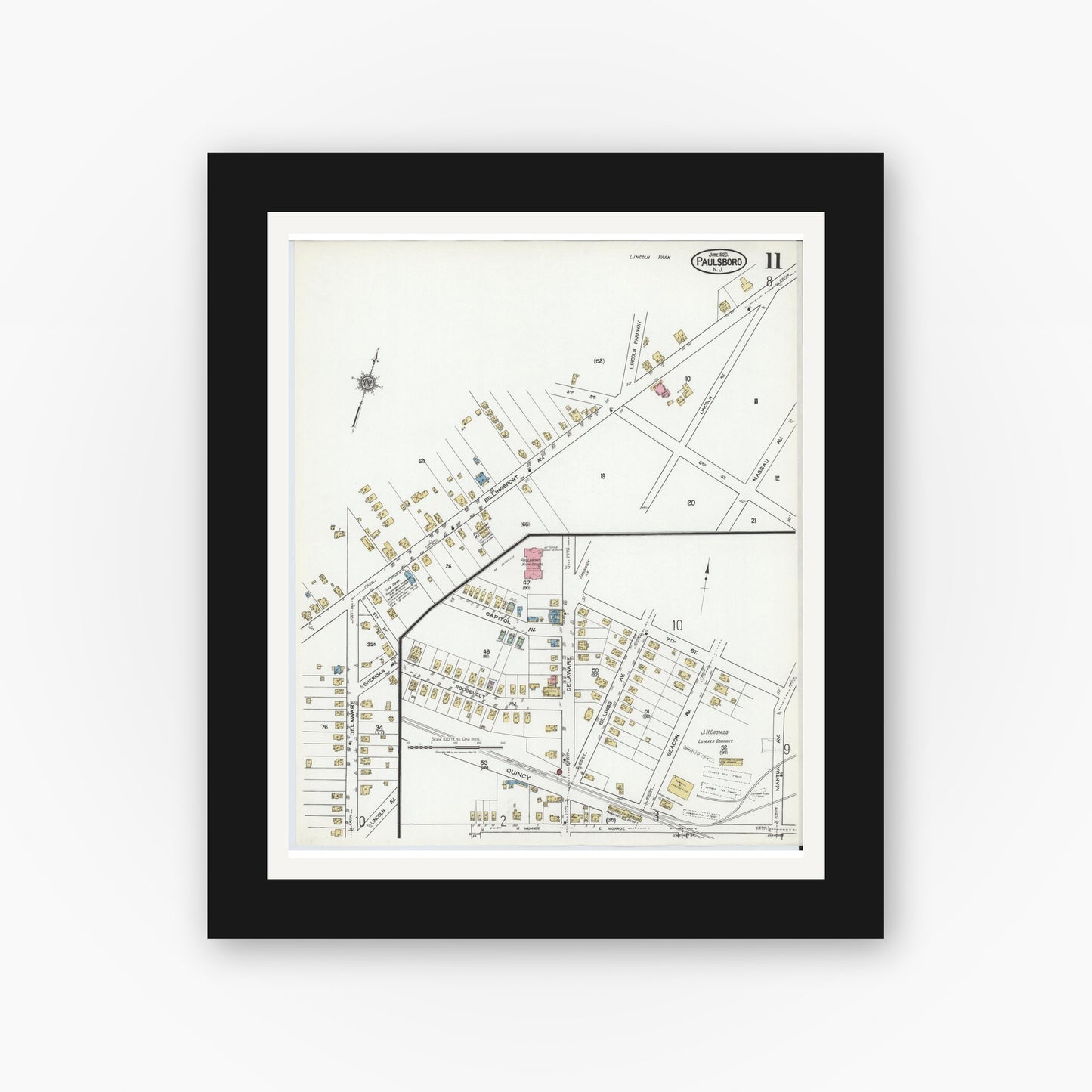 Old map wall art mockup — black gallery frame with white mat — Sanborn Fire Insurance Map from Paulsboro, Gloucester County, New Jersey (1920), Sheet #0011