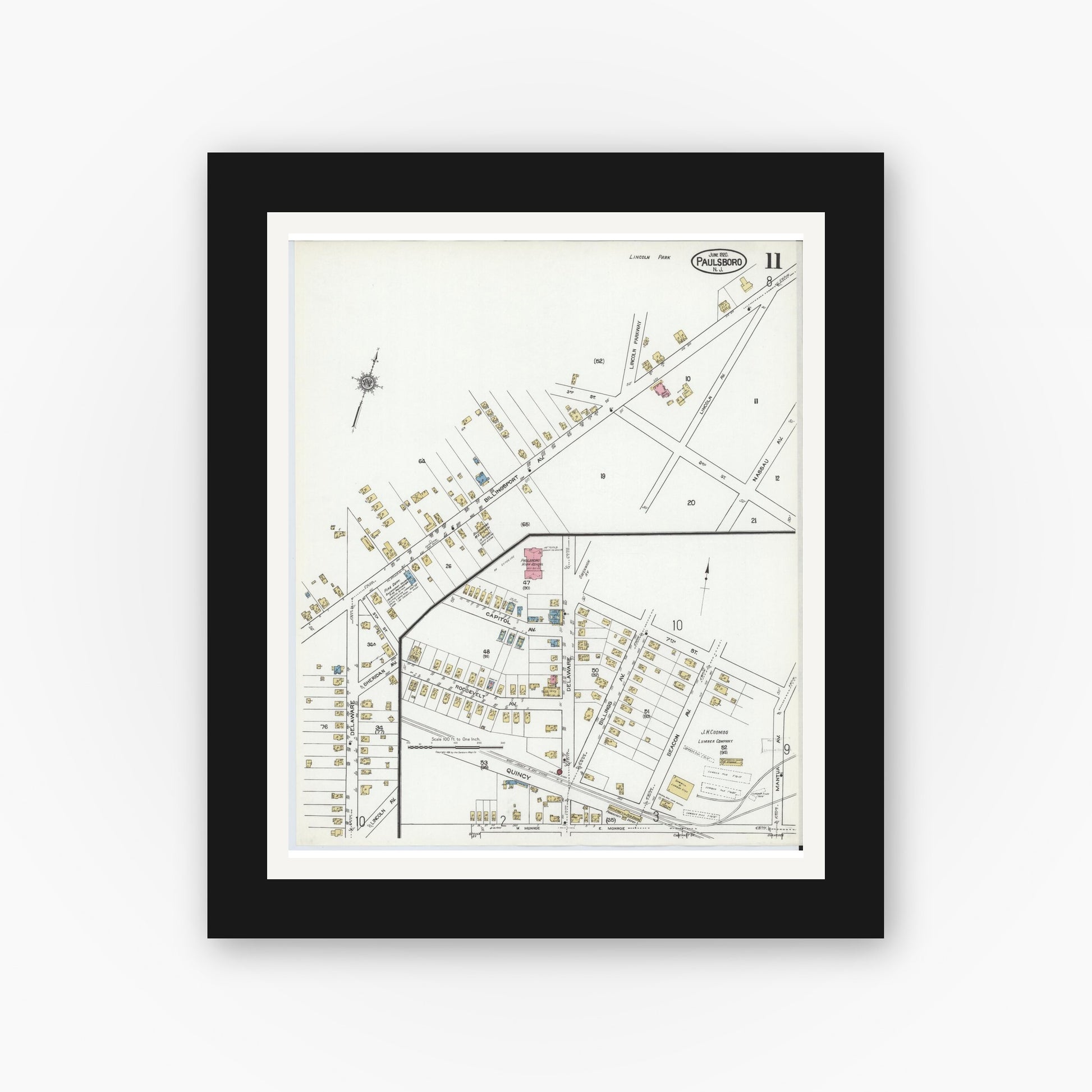Old map wall art mockup — black gallery frame with white mat — Sanborn Fire Insurance Map from Paulsboro, Gloucester County, New Jersey (1920), Sheet #0011