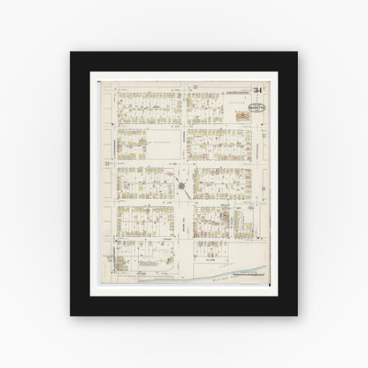 Old map wall art mockup — black gallery frame with white mat — Sanborn Fire Insurance Map from Marietta, Washington County, Ohio (1915), Sheet #0034