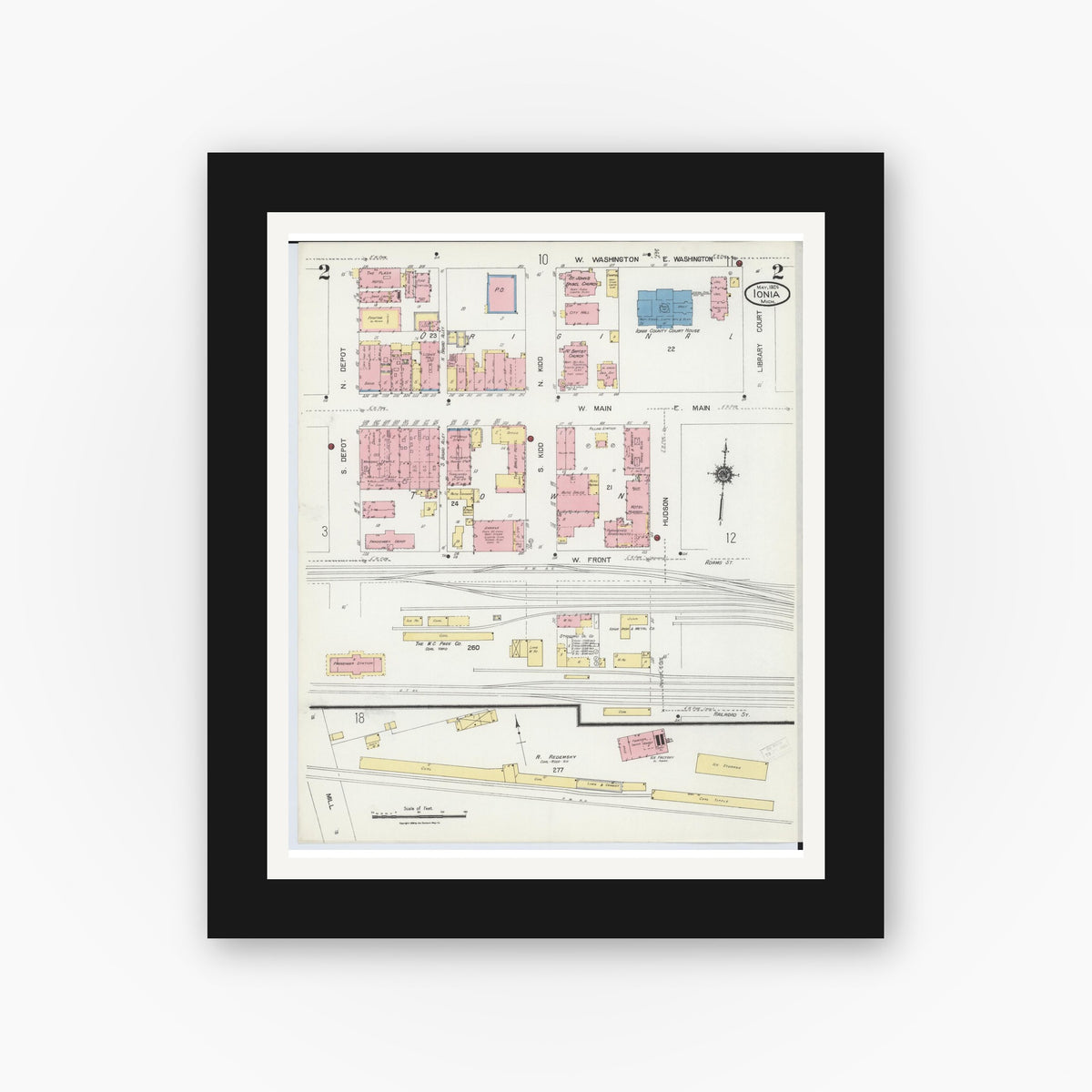 Old map wall art mockup — black gallery frame with white mat — Sanborn Fire Insurance Map from Ionia, Ionia County, Michigan (1924), Sheet #0002