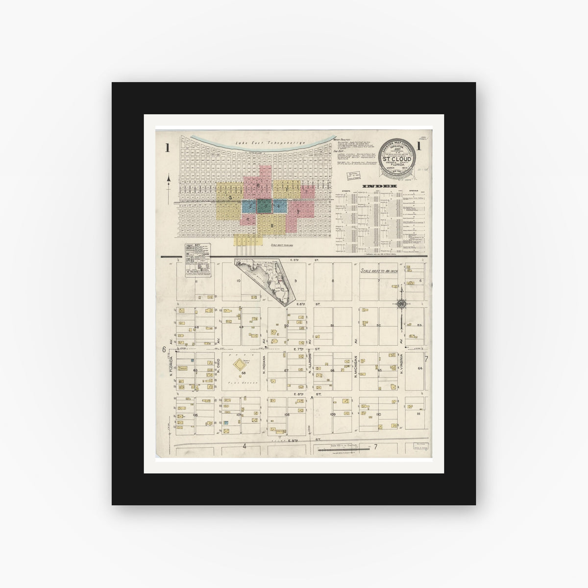Old map wall art mockup — black gallery frame with white mat — Sanborn Fire Insurance Map from Saint Cloud, Osceola County, Florida (1924) - Complete Map Set
