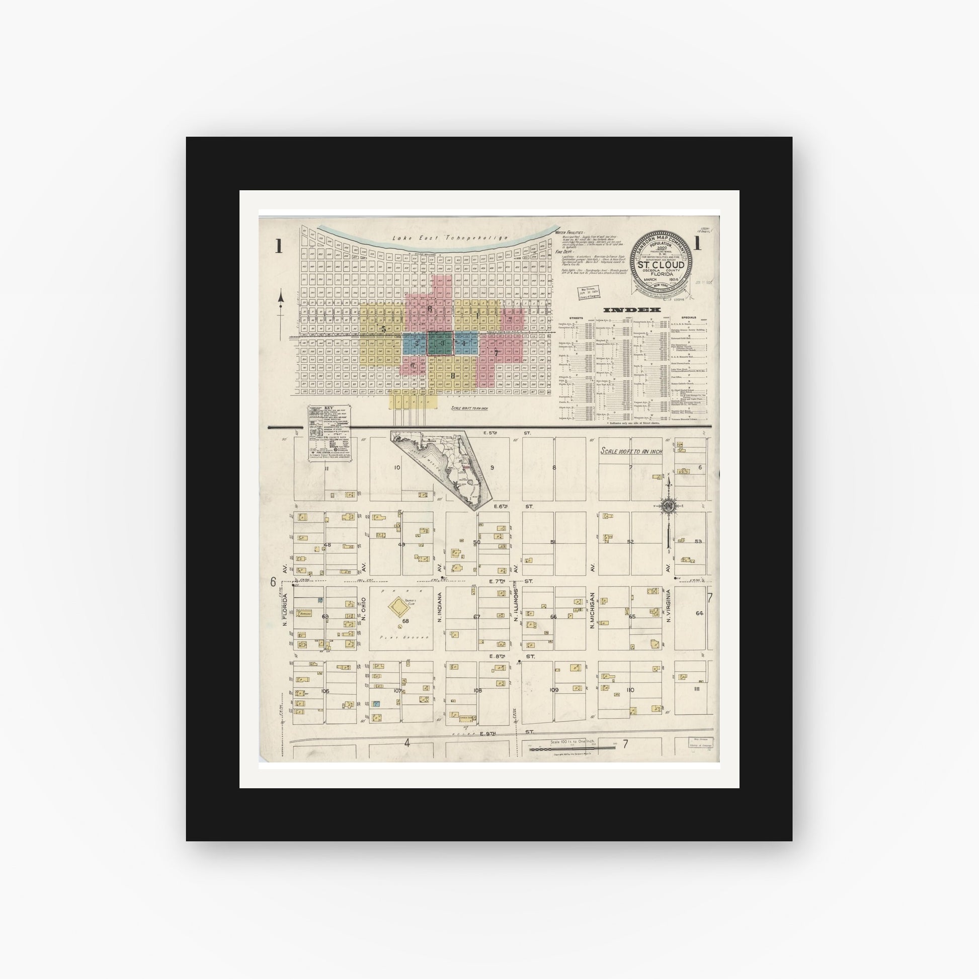 Old map wall art mockup — black gallery frame with white mat — Sanborn Fire Insurance Map from Saint Cloud, Osceola County, Florida (1924) - Complete Map Set