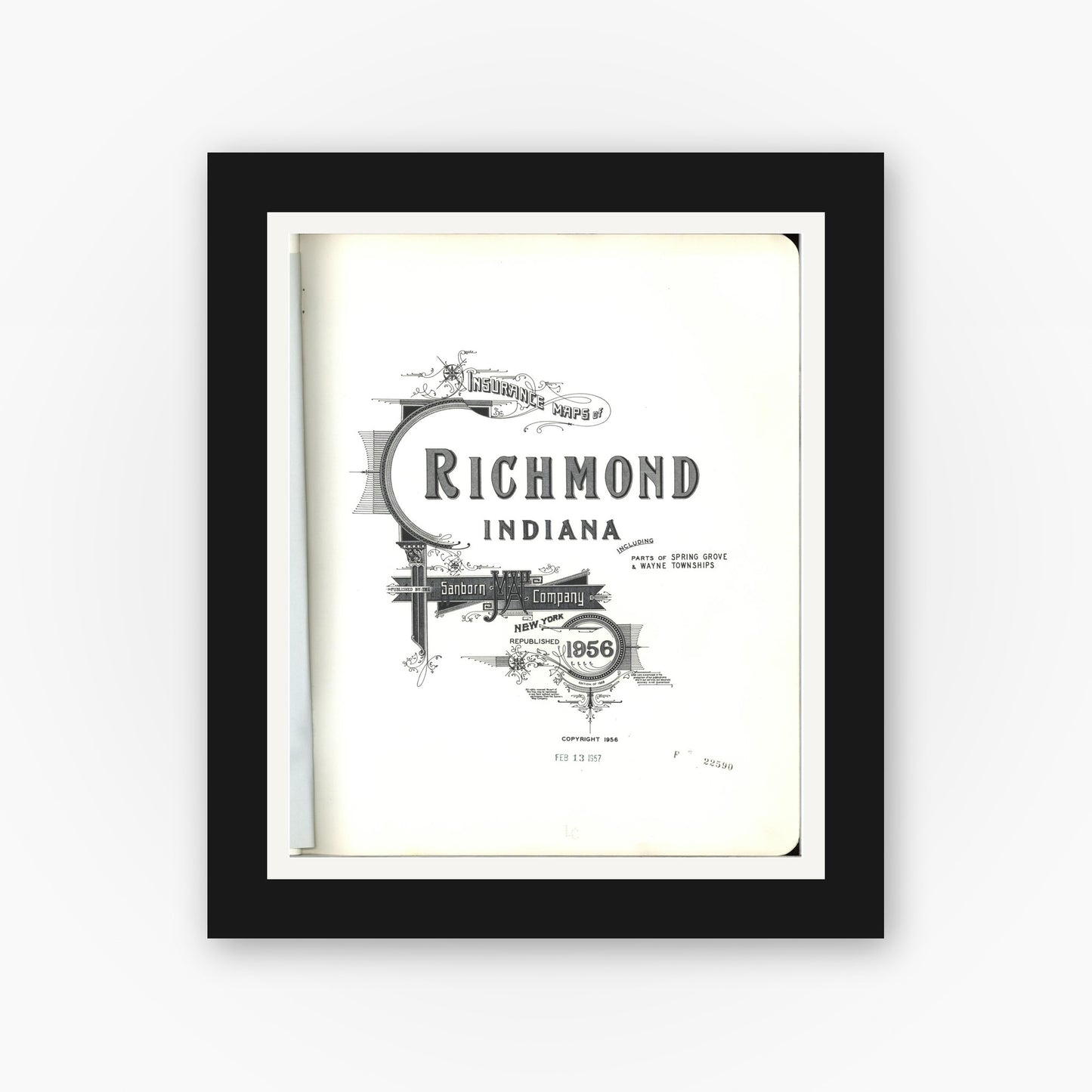 Old map wall art mockup — black gallery frame with white mat — Sanborn Fire Insurance Map from Richmond, Wayne County, Indiana (1956), Sheet #0001