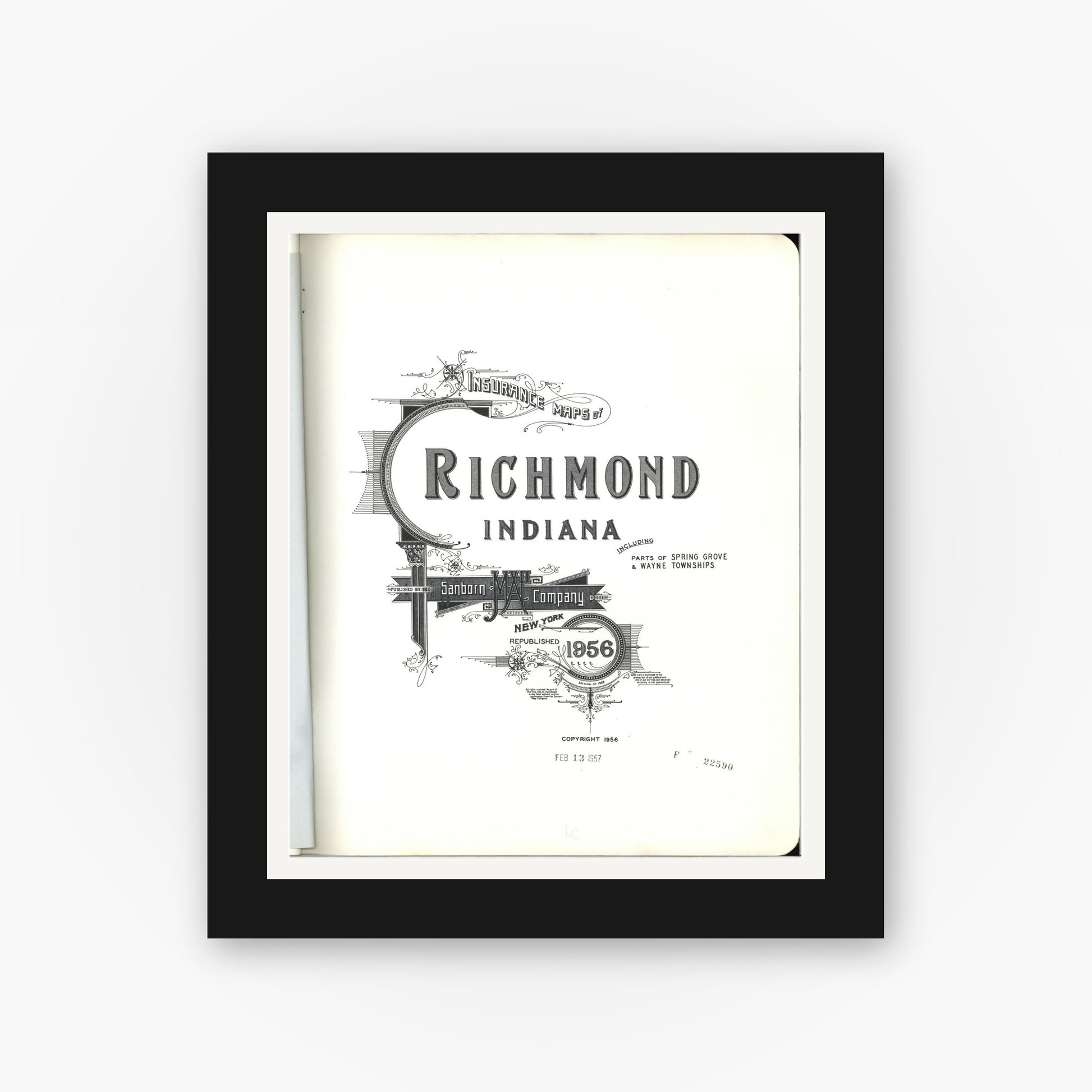 Old map wall art mockup — black gallery frame with white mat — Sanborn Fire Insurance Map from Richmond, Wayne County, Indiana (1956), Sheet #0001