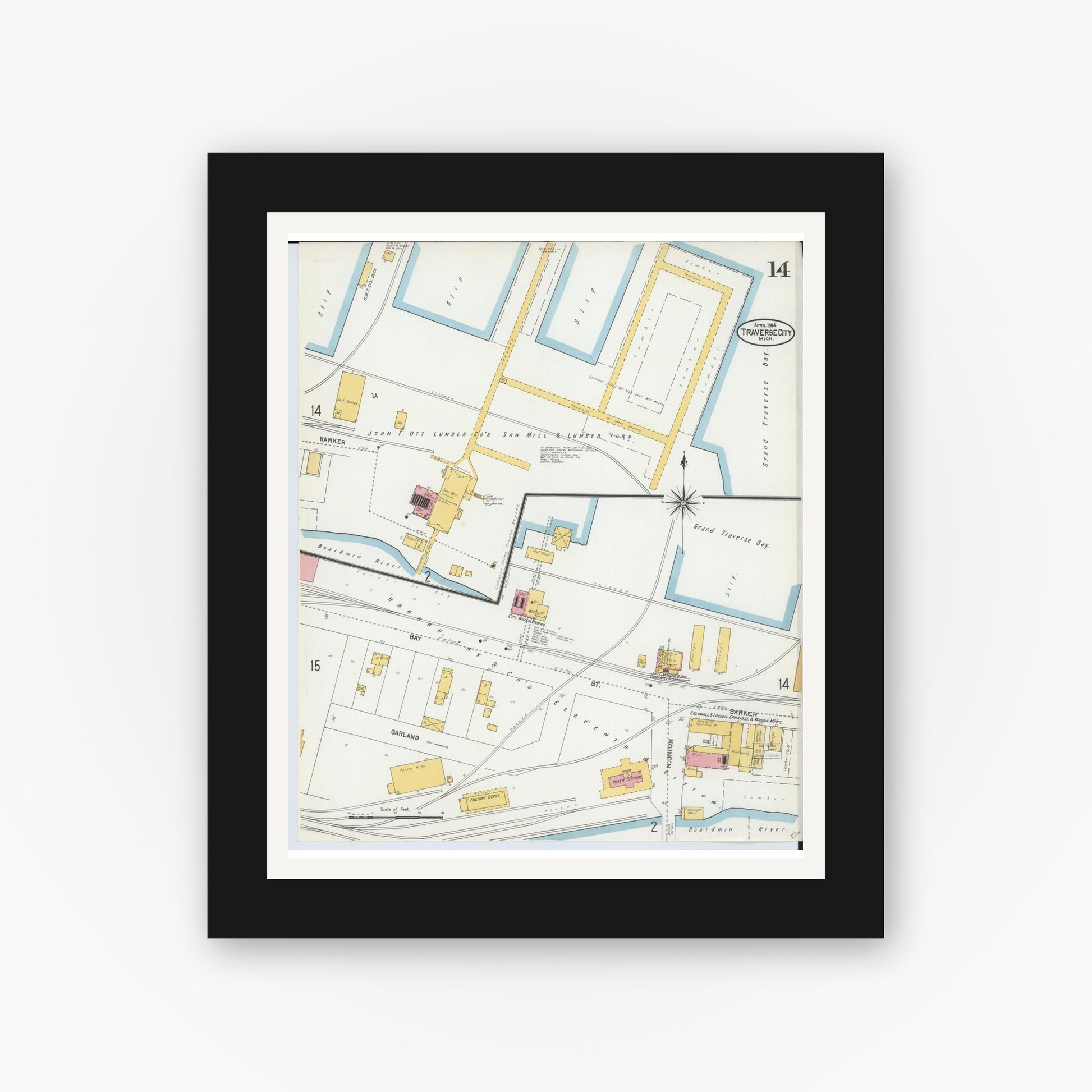 Old map wall art mockup — black gallery frame with white mat — Sanborn Fire Insurance Map from Traverse City, Grand Traverse County, Michigan (1904), Sheet #0014