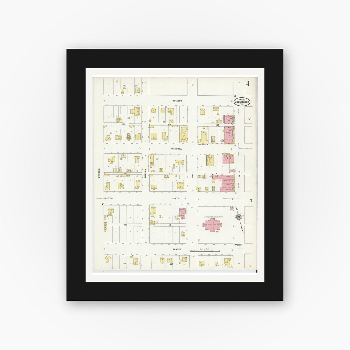 Old map wall art mockup — black gallery frame with white mat — Sanborn Fire Insurance Map from Groesbeck, Limestone County, Texas (1911), Sheet #0004