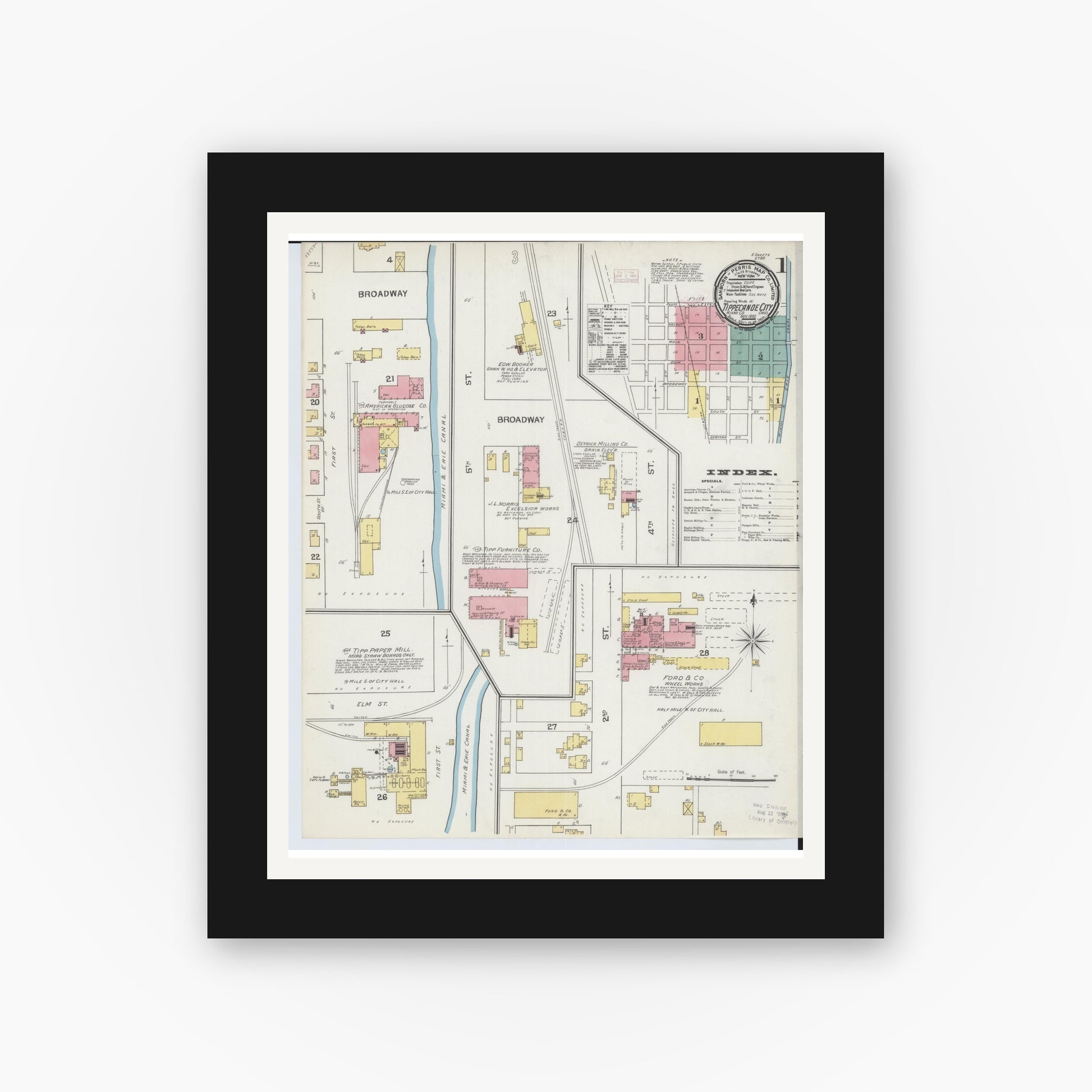 Old map wall art mockup — black gallery frame with white mat — Sanborn Fire Insurance Map from Tipp City, Miami County, Ohio (1892), Sheet #0001