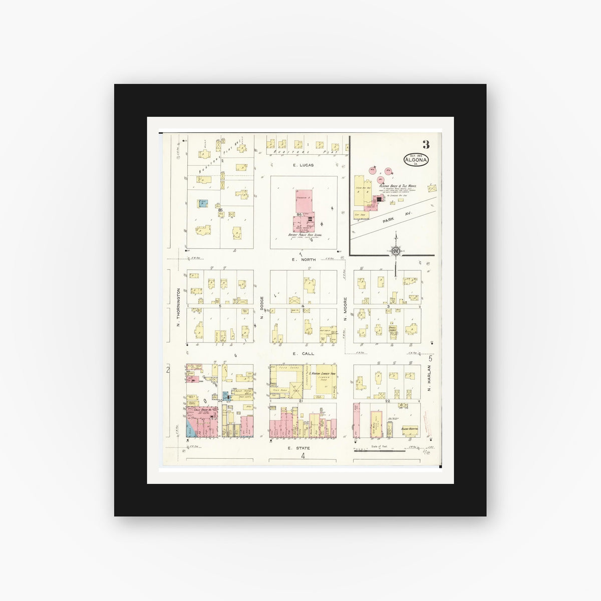 Old map wall art mockup — black gallery frame with white mat — Sanborn Fire Insurance Map from Algona, Kossuth County, Iowa (1913), Sheet #0003