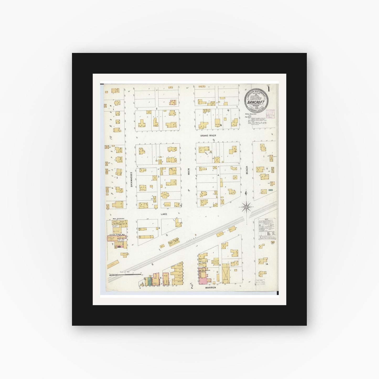 Old map wall art mockup — black gallery frame with white mat — Sanborn Fire Insurance Map from Bancroft, Shiawassee County, Michigan (1908) - Complete Map Set