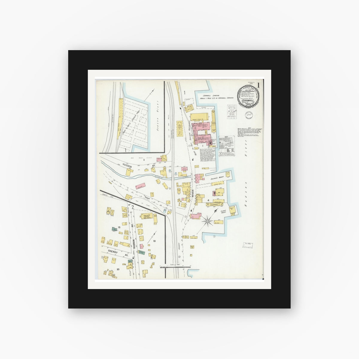 Old map wall art mockup — black gallery frame with white mat — Sanborn Fire Insurance Map from Cornwall, Orange County, New York (1900) - Complete Map Set