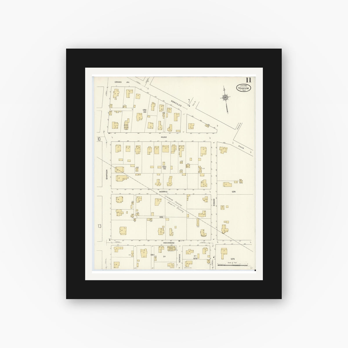 Old map wall art mockup — black gallery frame with white mat — Sanborn Fire Insurance Map from Yoakum, De Witt And Lavaca Counties, Texas (1912), Sheet #0011