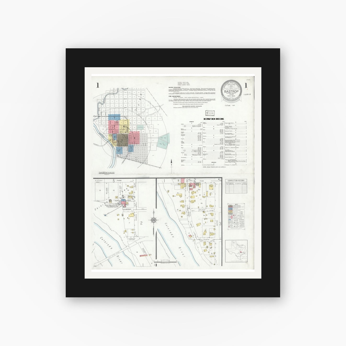 Old map wall art mockup — black gallery frame with white mat — Sanborn Fire Insurance Map from Bastrop, Bastrop County, Texas (1934), Sheet #0001