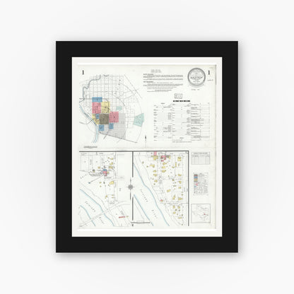 Old map wall art mockup — black gallery frame with white mat — Sanborn Fire Insurance Map from Bastrop, Bastrop County, Texas (1934), Sheet #0001
