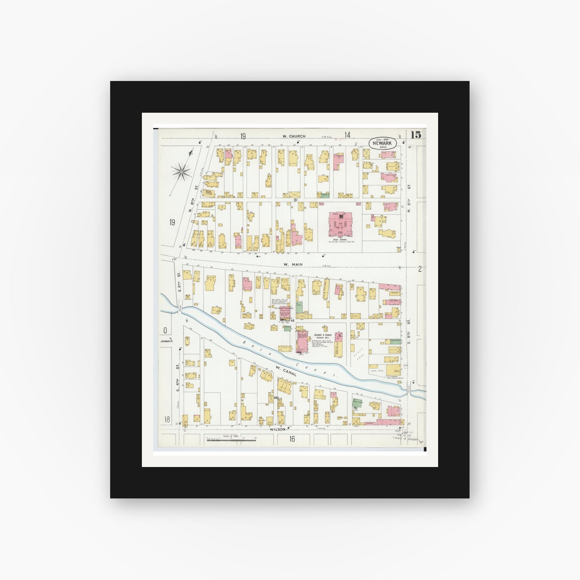 Old map wall art mockup — black gallery frame with white mat — Sanborn Fire Insurance Map from Newark, Licking County, Ohio (1899), Sheet #0015